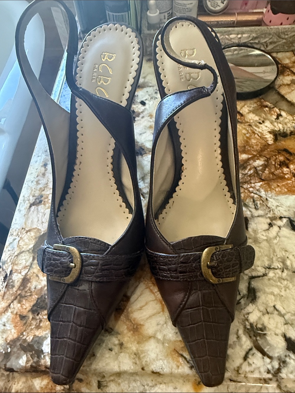 BCBG Dark Brown Croc-Embossed Pointed Slingback Pumps with Buckle